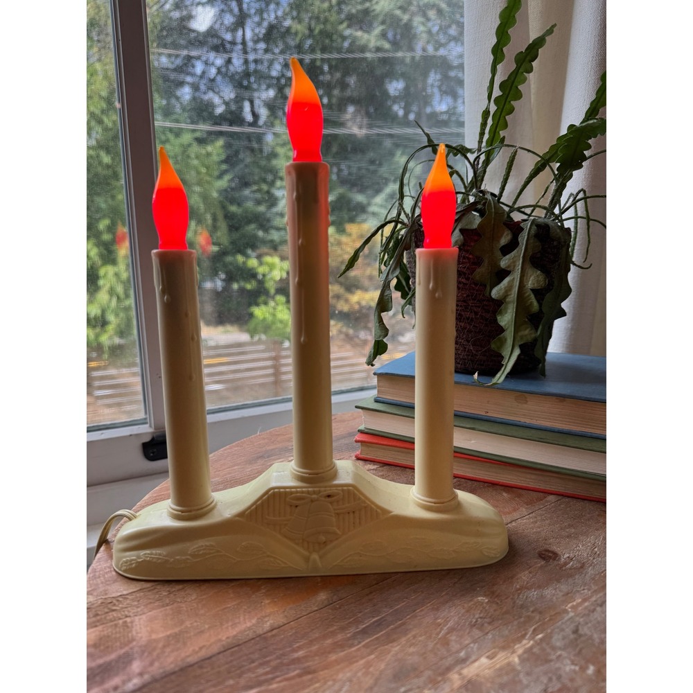 Vintage Christmas 3 Light Electric Candelabra Candolier Red Orange Flame Bulbs